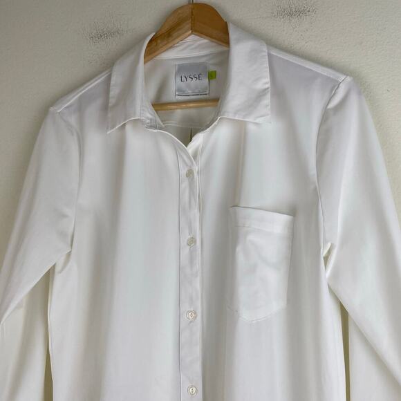 LYSSÉ Schiffer Button Down Shirt Size L White Stretch Top Staple Timeless Career - Picture 9 of 14